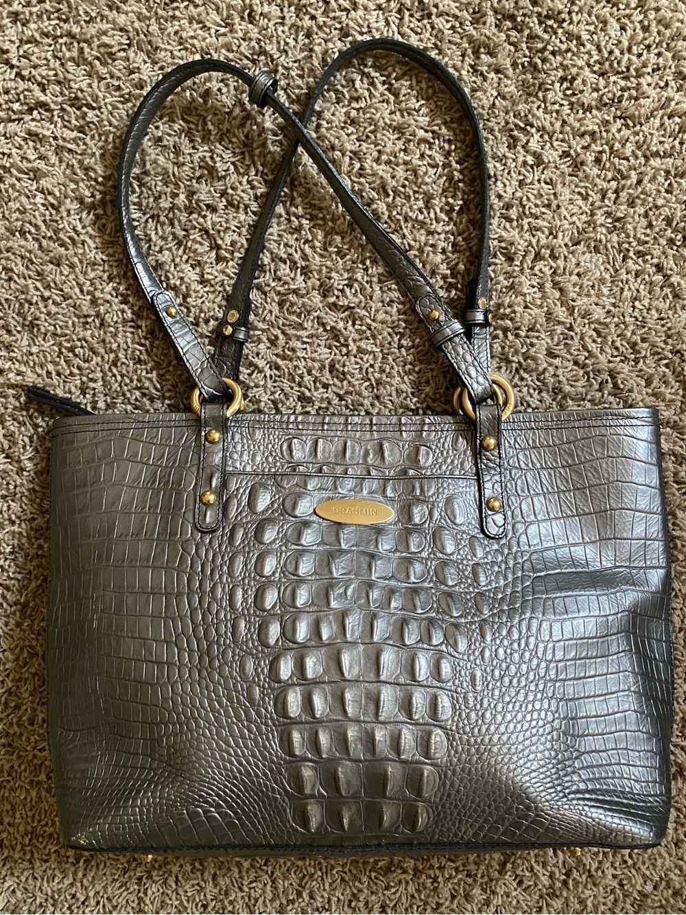 Brahmin Metallic Slate Gray Croc-Embossed Leather Tote